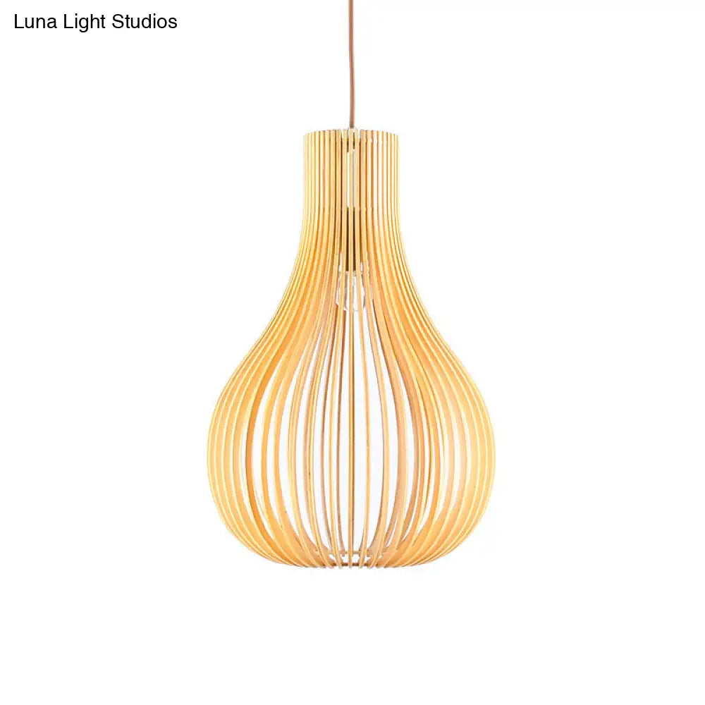 Beige Cutout Gourd Pendant Ceiling Lamp With Wood Shade - Minimalist 1-Bulb 12/15 W