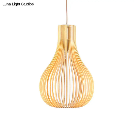 Beige Cutout Gourd Pendant Ceiling Lamp With Wood Shade - Minimalist 1-Bulb 12/15 W