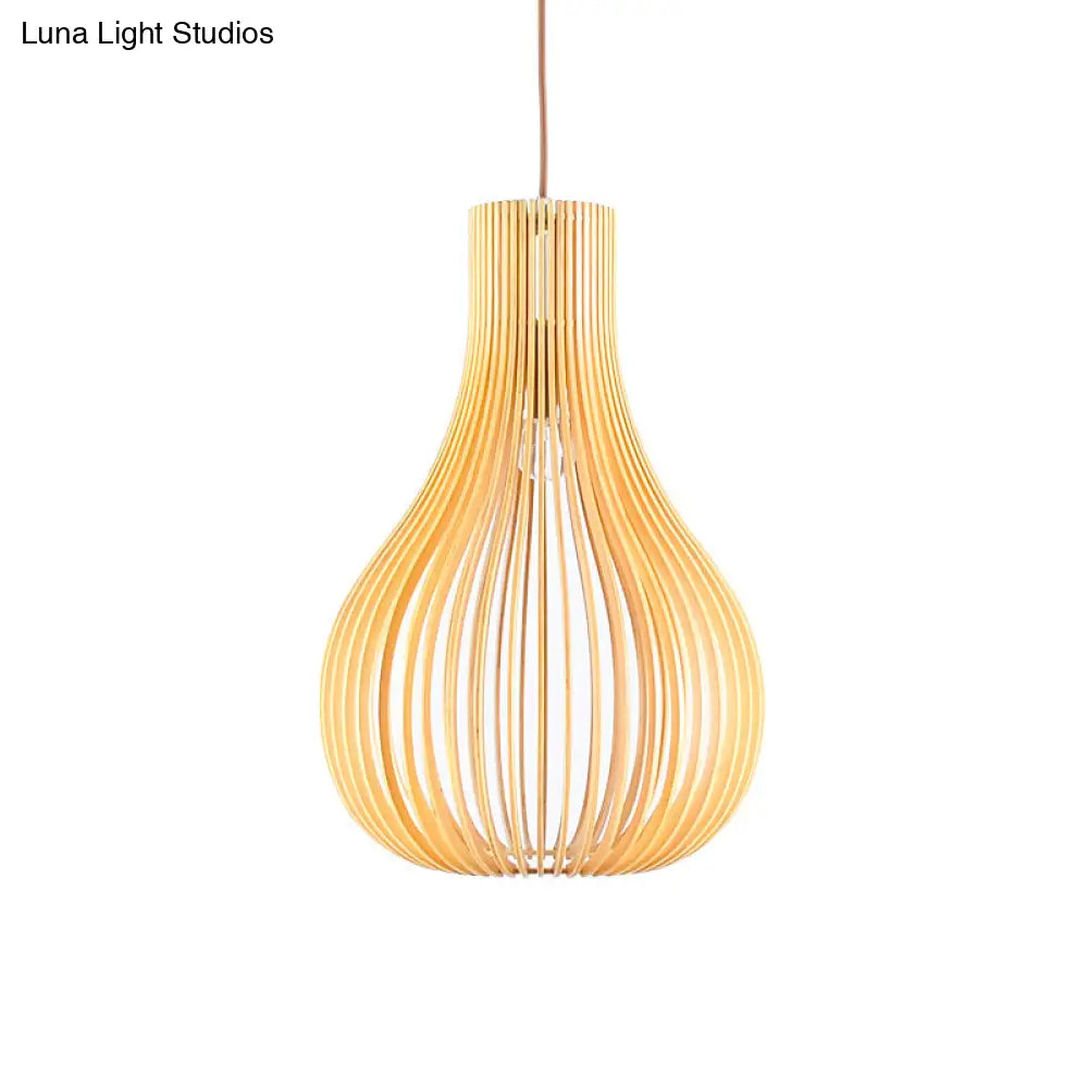 Minimalist Gourd Pendant Lamp With Wood Shade And Cutouts - Beige | Available In 12’/15’ W