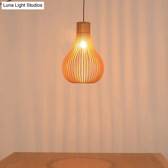 Beige Cutout Gourd Pendant Ceiling Lamp With Wood Shade - Minimalist 1-Bulb 12/15 W / 12