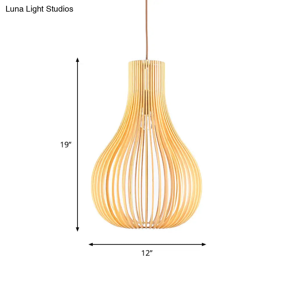 Beige Cutout Gourd Pendant Ceiling Lamp With Wood Shade - Minimalist 1-Bulb 12/15 W