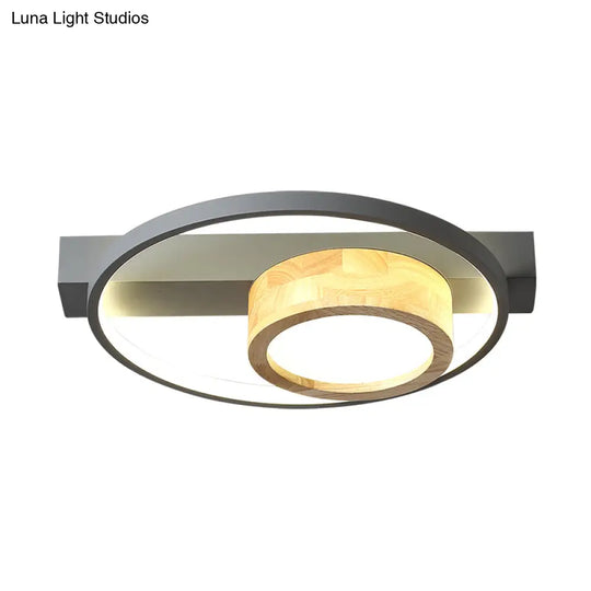 Minimalist Gray/White Led Flush Mount Ceiling Light For Living Room - Wood Finish