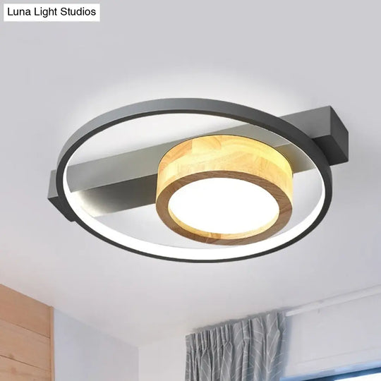 Minimalist Gray/White Led Flush Mount Ceiling Light For Living Room - Wood Finish