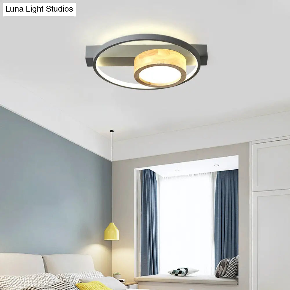 Minimalist Gray/White Led Flush Mount Ceiling Light For Living Room - Wood Finish