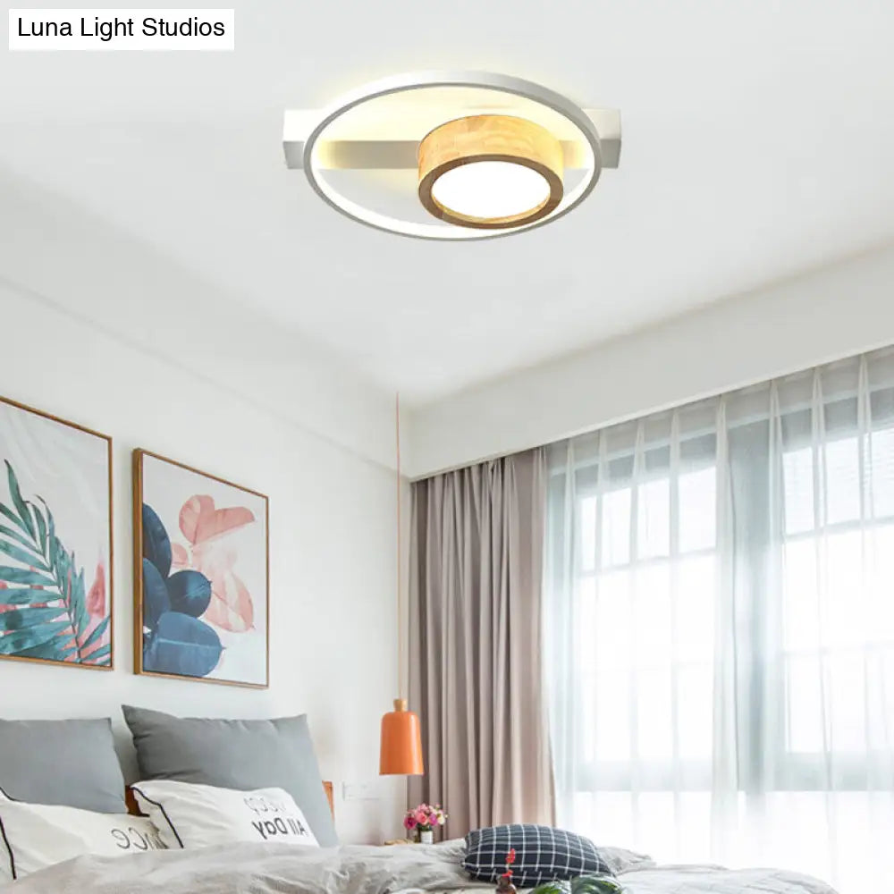 Minimalist Gray/White Led Flush Mount Ceiling Light For Living Room - Wood Finish