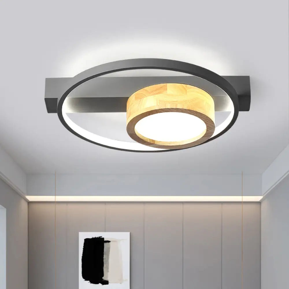 Minimalist Gray/White Led Flush Mount Ceiling Light For Living Room - Wood Finish Grey