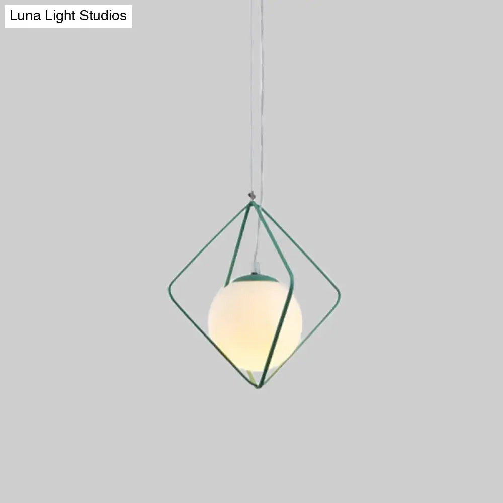 Minimalist Green/Grey Rhombus Cage Pendant Light With Milk Glass Ball Shade Inside