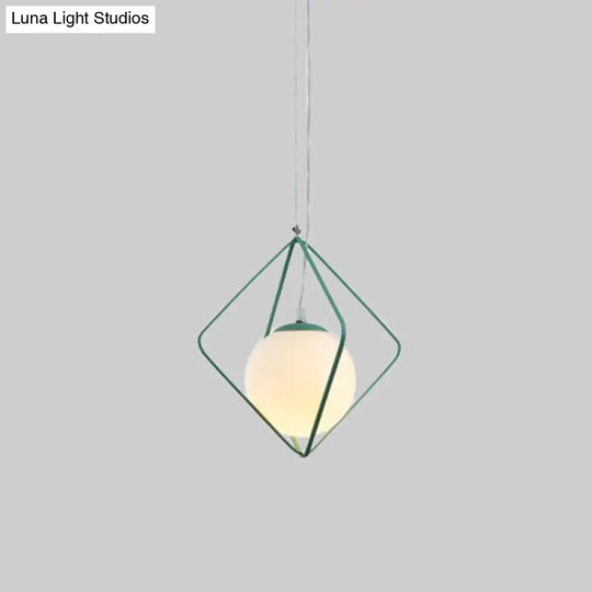 Minimalist Green/Grey Rhombus Cage Pendant Light With Milk Glass Ball Shade Inside