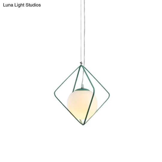 Minimalist Green/Grey Rhombus Cage Pendant Light With Milk Glass Shade - Single Head Iron Hanging