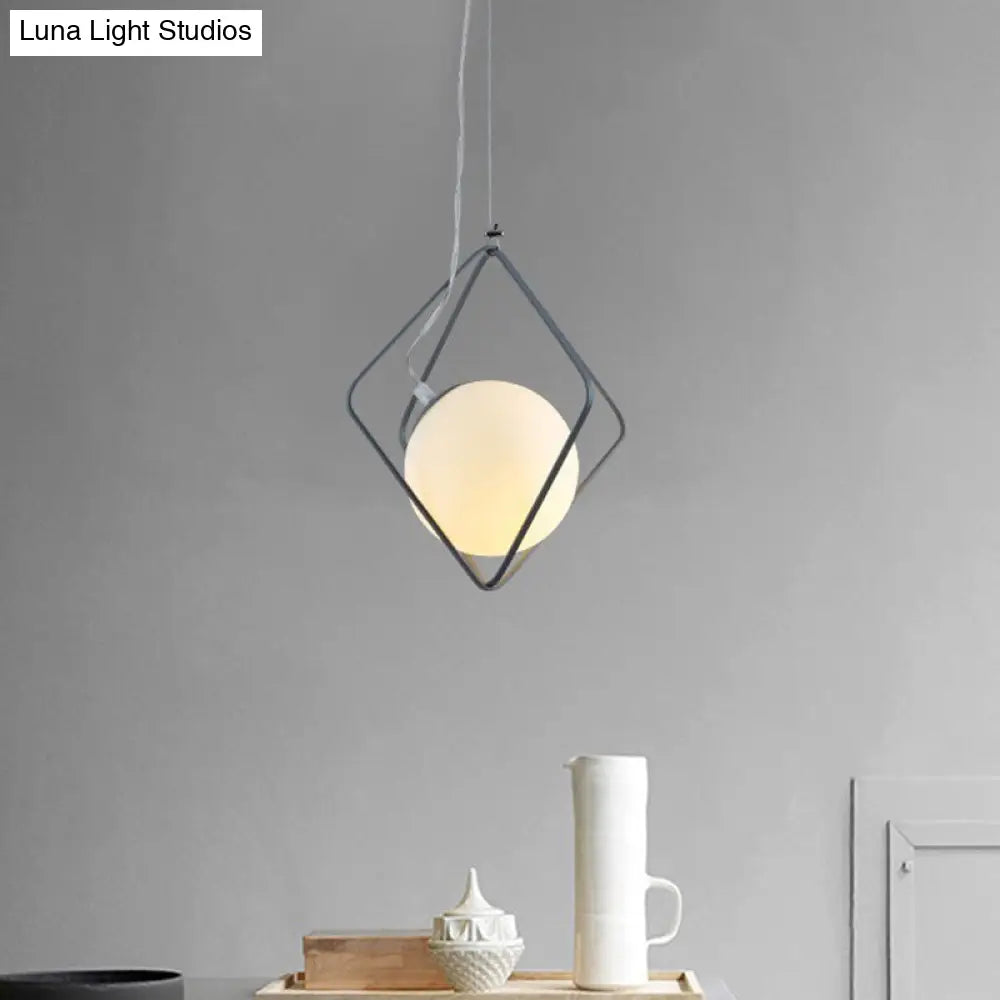 Minimalist Green/Grey Rhombus Cage Pendant Light With Milk Glass Ball Shade Inside Grey