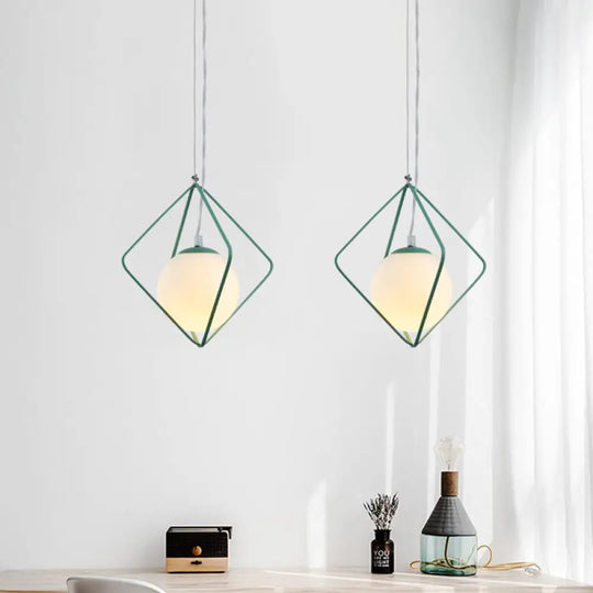 Minimalist Green/Grey Rhombus Cage Pendant Light With Milk Glass Shade - Single Head Iron Hanging