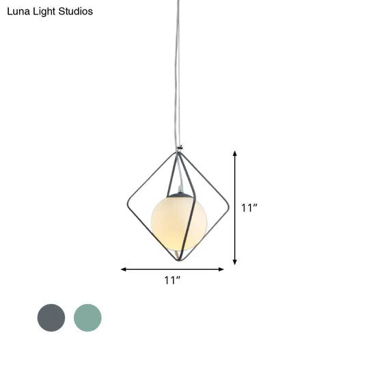 Minimalist Green/Grey Rhombus Cage Pendant Light With Milk Glass Shade - Single Head Iron Hanging