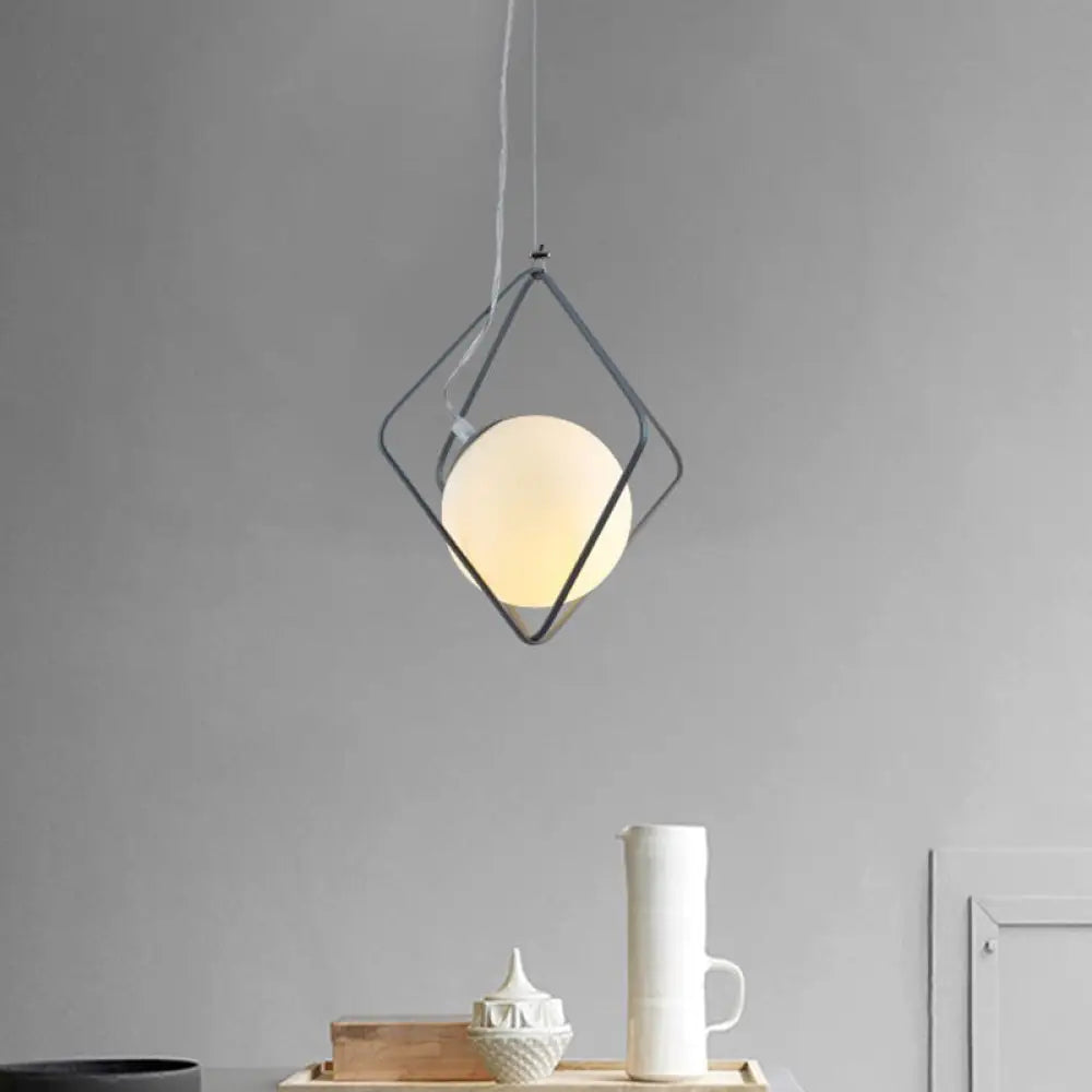 Minimalist Green/Grey Rhombus Cage Pendant Light With Milk Glass Shade - Single Head Iron Hanging