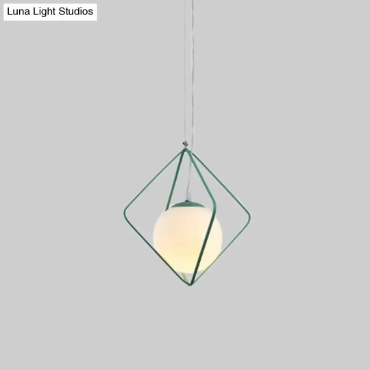 Minimalist Green/Grey Rhombus Cage Pendant Light With Milk Glass Shade - Single Head Iron Hanging