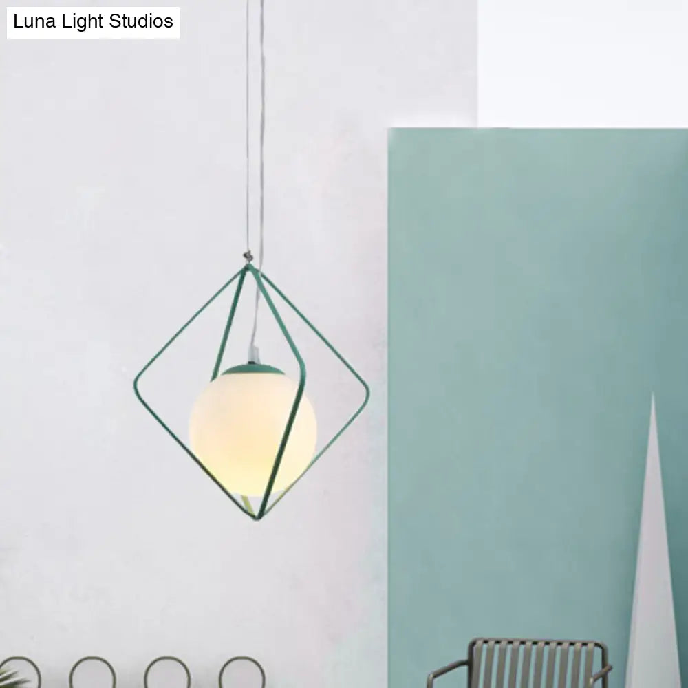 Minimalist Green/Grey Rhombus Cage Pendant Light With Milk Glass Ball Shade Inside