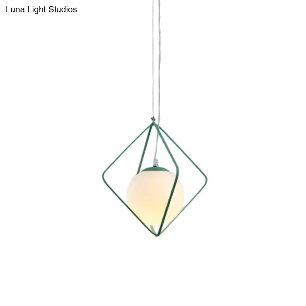 Minimalist Green/Grey Rhombus Cage Pendant Light With Milk Glass Ball Shade Inside