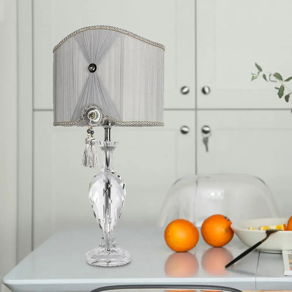 Minimalist Grey Crystal Table Lamp With Fabric Shade - Elegant Bedroom Night Light