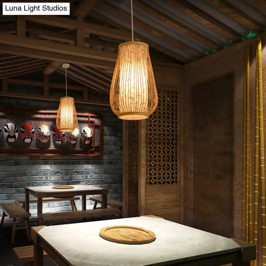 Sleek Handwoven Wood Suspension Light - Minimalist Rattan Pendant Ceiling Lamp / C