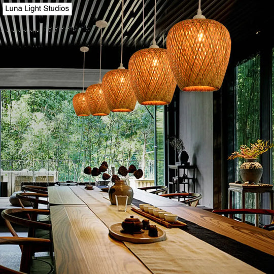 Sleek Handwoven Wood Suspension Light - Minimalist Rattan Pendant Ceiling Lamp / E