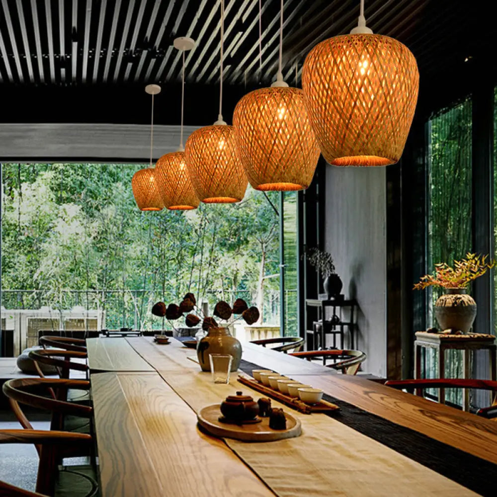 Minimalist Handwoven Rattan Pendant Ceiling Light - Wood Suspension Lighting / E