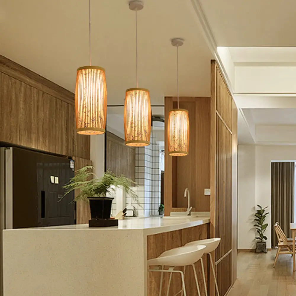 Minimalist Handwoven Rattan Pendant Ceiling Light - Wood Suspension Lighting / H