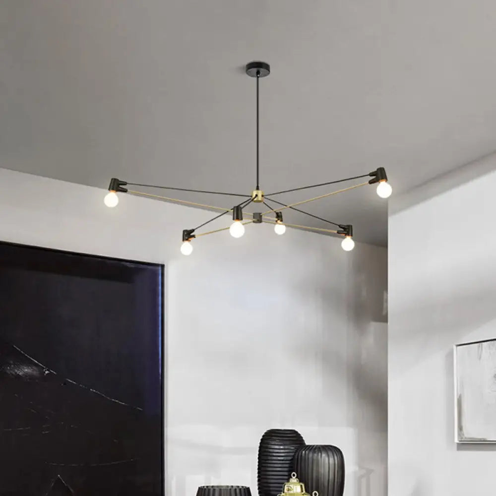 Minimalist Hanging 6-Bulb Chandelier In Black - Modern Metallic Living Room Lighting Fixture