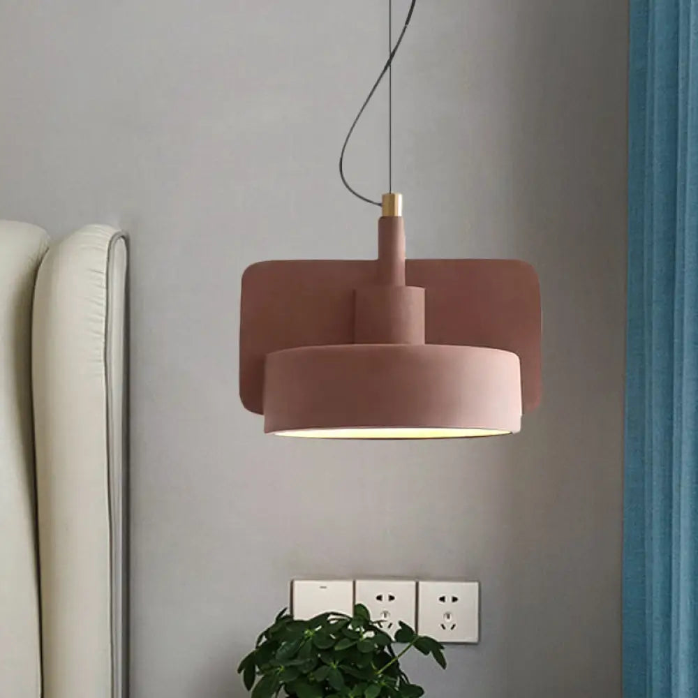 Minimalist Hanging Light: Cement Shallow Bowl Fixture For 1 Bulb Perfect Dining Table In