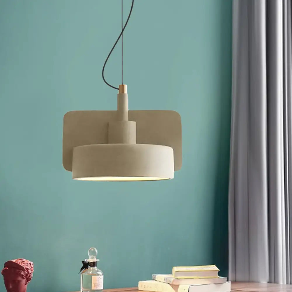 Minimalist Hanging Light: Cement Shallow Bowl Fixture For 1 Bulb Perfect Dining Table In