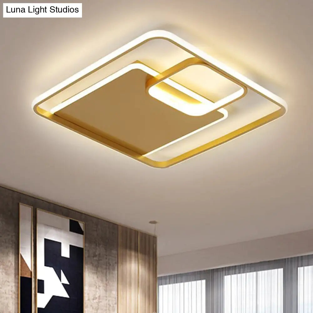 Minimalist Iron Black/Gold Led Ceiling Fixture - Square Flush Mount Lighting In Warm/White Light