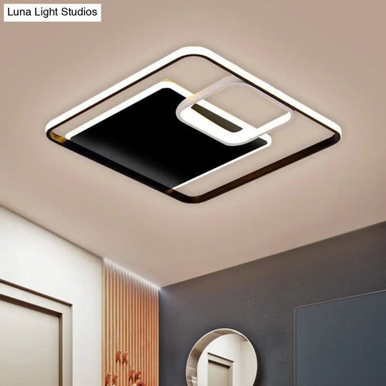Minimalist Iron Black/Gold Led Ceiling Fixture - Square Flush Mount Lighting In Warm/White Light