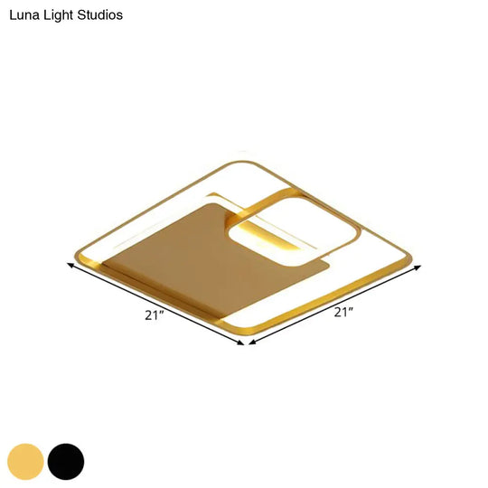 Minimalist Iron Black/Gold Led Ceiling Fixture - Square Flush Mount Lighting In Warm/White Light