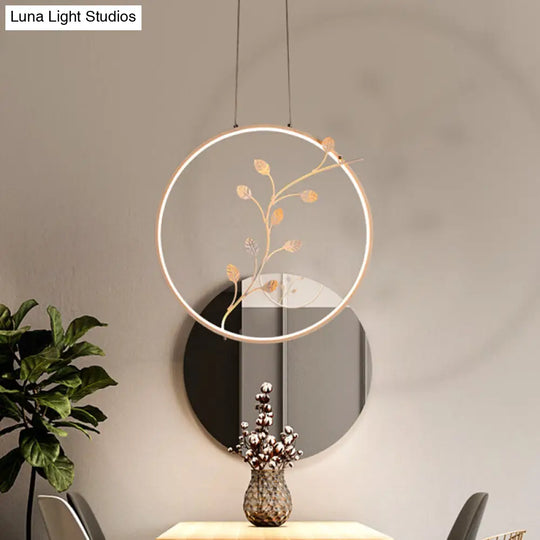 Minimalist Led Ring Acrylic Hanging Light With Branch Deco - Warm/White Suspension Lamp White / Warm