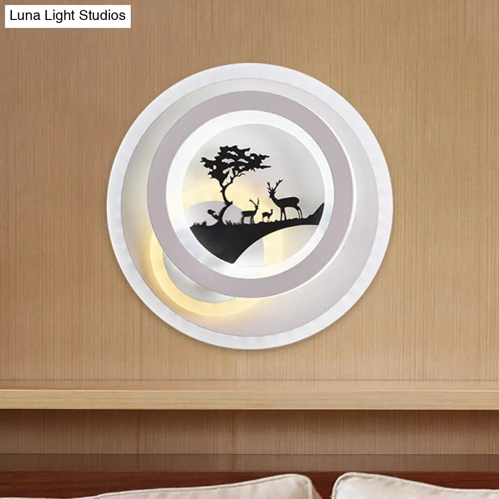 Minimalist Led Acrylic Sconce Light Fixture With Tree And Elk Design For Bedroom Lighting