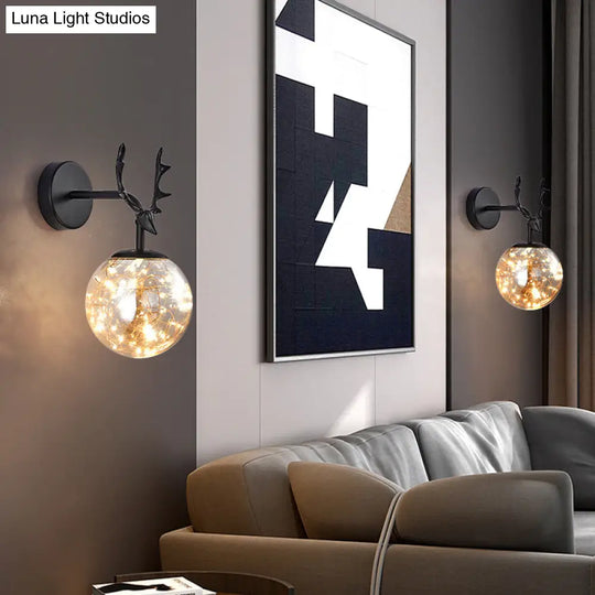 Minimalist Led Bedroom Sconce With Antler And Glass Design - Wall Mount Lamp Starry String