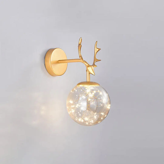 Minimalist Led Bedroom Sconce With Antler And Glass Design - Wall Mount Lamp Starry String Gold /