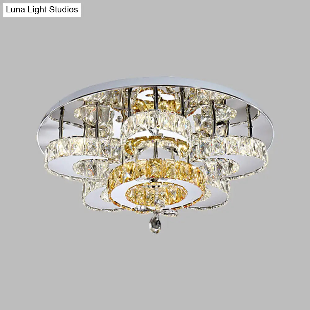 Minimalist Led Bedroom Semi Mount Ceiling Fixture With Floral Crystal Block Shade - Chrome Finish