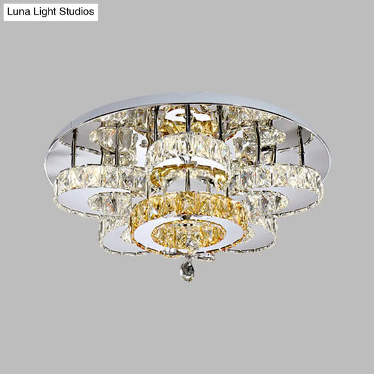 Minimalist Led Bedroom Semi Mount Ceiling Fixture With Floral Crystal Block Shade - Chrome Finish