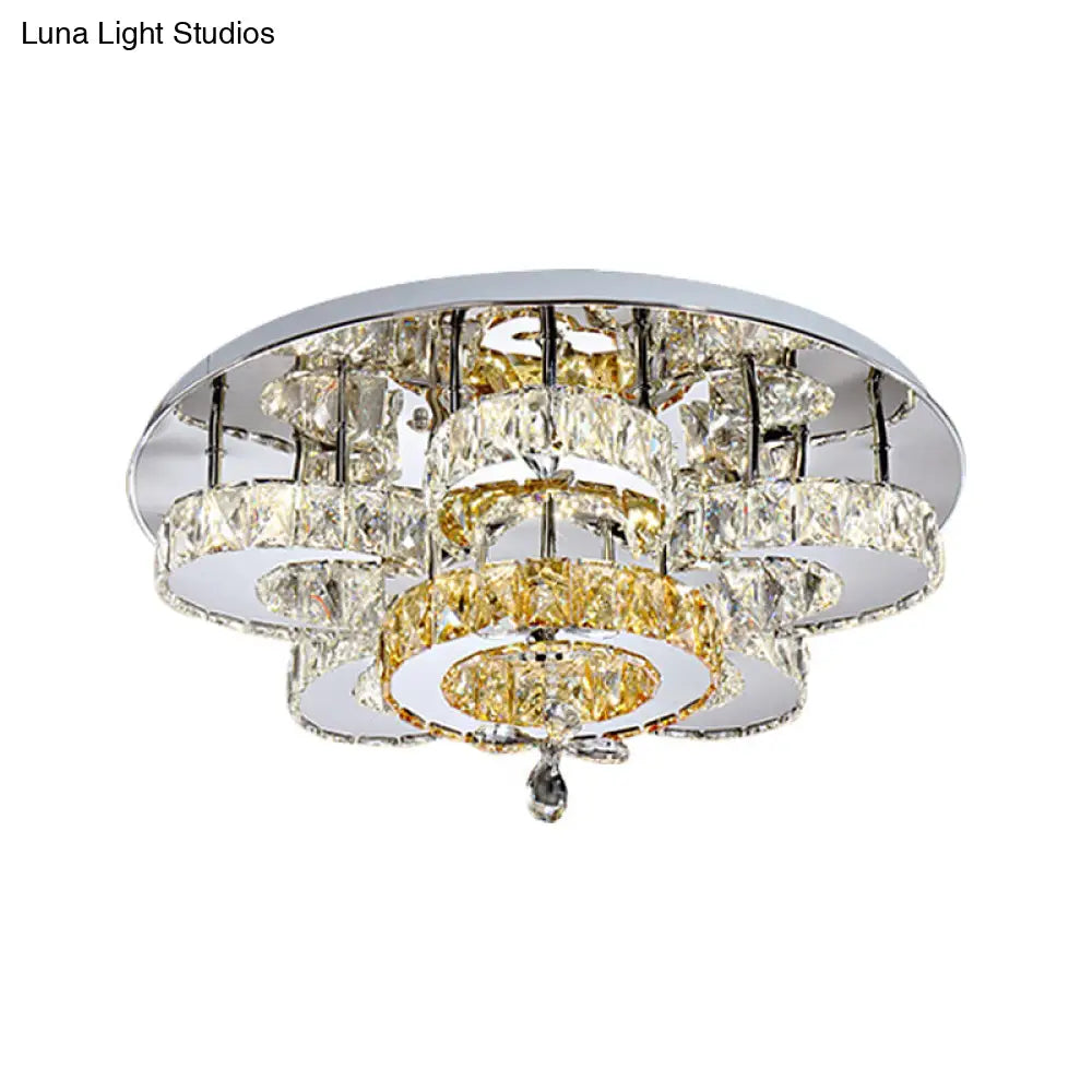 Minimalist Led Bedroom Semi Mount Ceiling Fixture With Floral Crystal Block Shade - Chrome Finish