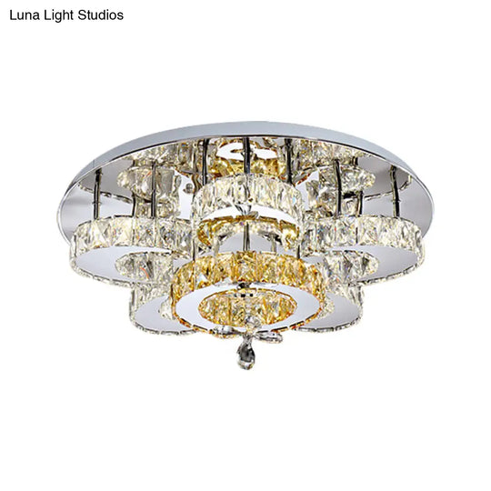 Minimalist Led Bedroom Semi Mount Ceiling Fixture With Floral Crystal Block Shade - Chrome Finish