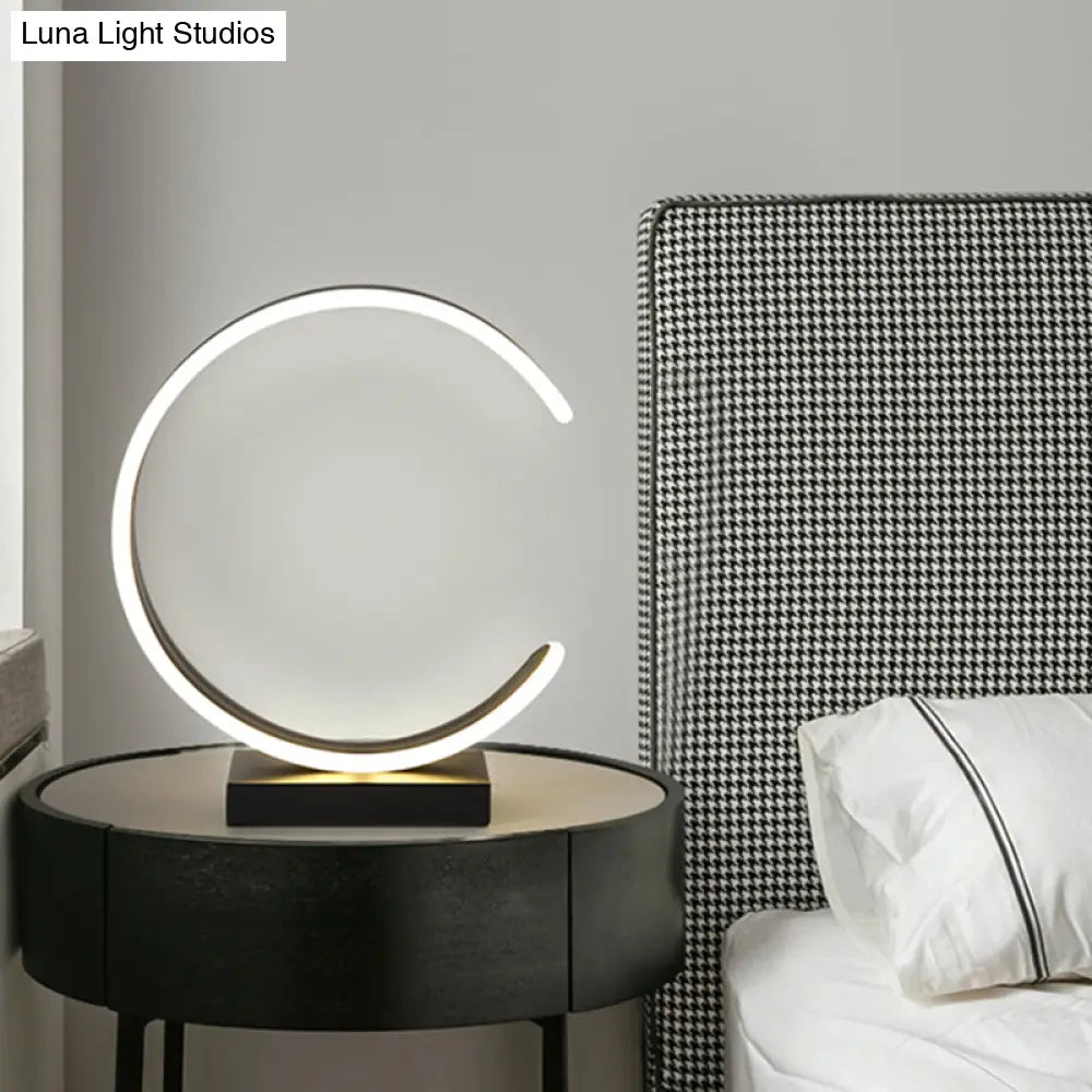 Minimalist Led Bedroom Table Lamp In Black/White With C-Shape Metallic Shade