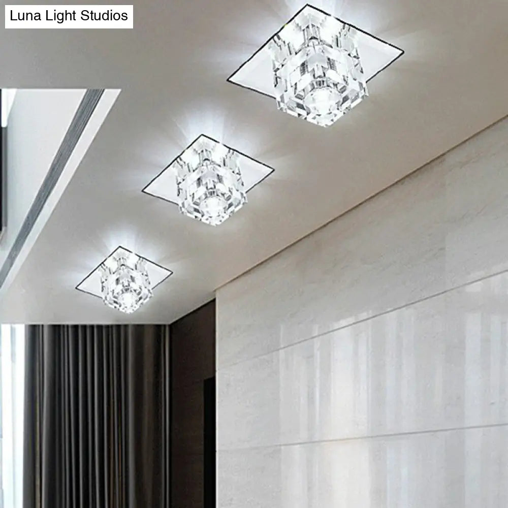 Minimalist Led Ceiling Fixture With Checkered Pattern - Clear Crystal Cube Flush Mount Lamp For