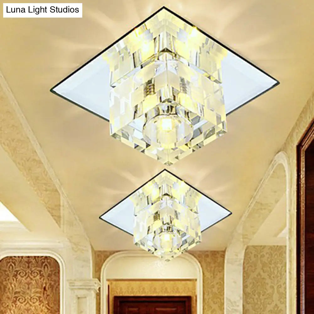 Minimalist Led Ceiling Fixture With Checkered Pattern - Clear Crystal Cube Flush Mount Lamp For