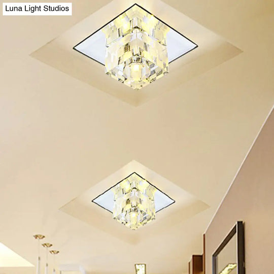 Minimalist Led Ceiling Fixture With Checkered Pattern - Clear Crystal Cube Flush Mount Lamp For