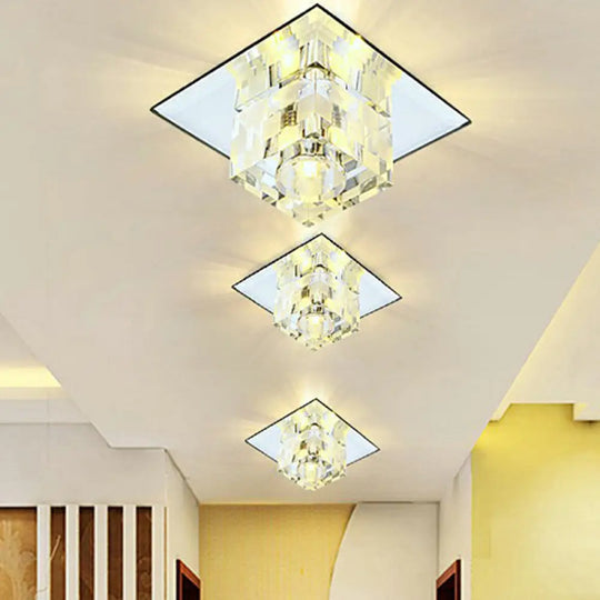 Minimalist Led Ceiling Fixture With Checkered Pattern - Clear Crystal Cube Flush Mount Lamp For