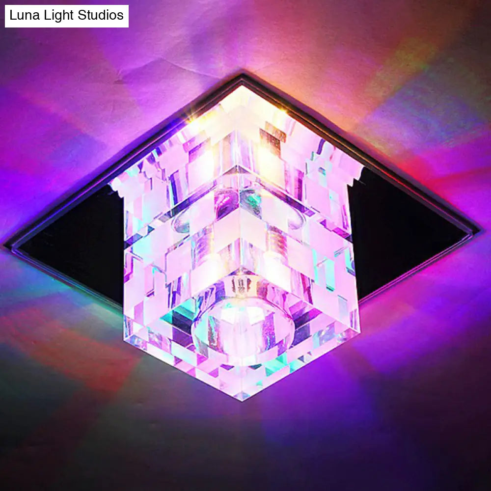 Minimalist Led Ceiling Fixture With Checkered Pattern - Clear Crystal Cube Flush Mount Lamp For