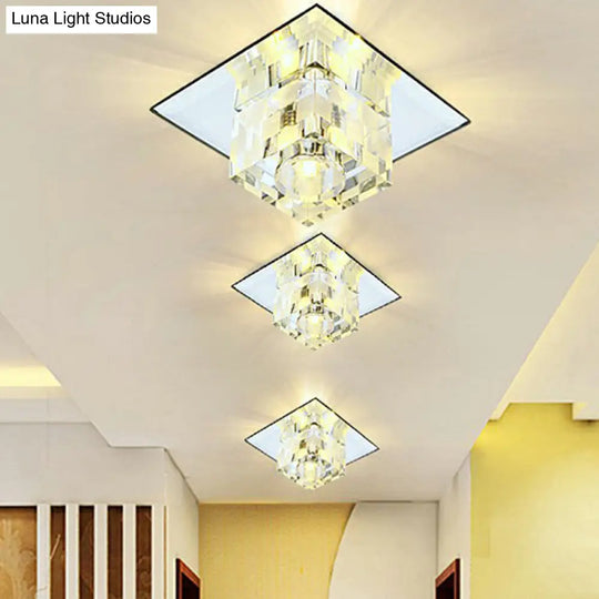 Minimalist Led Ceiling Fixture With Checkered Pattern - Clear Crystal Cube Flush Mount Lamp For