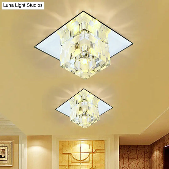 Minimalist Led Ceiling Fixture With Checkered Pattern - Clear Crystal Cube Flush Mount Lamp For