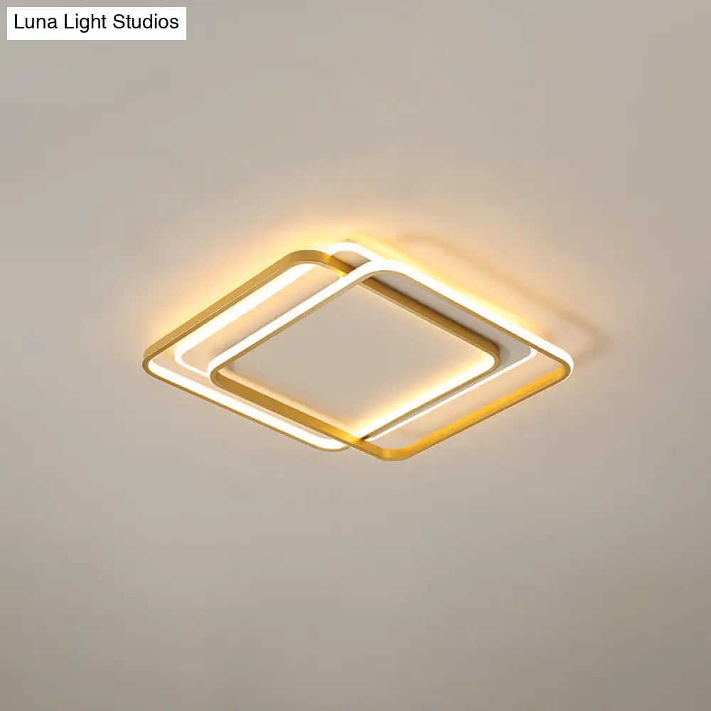 Minimalist Led Ceiling Lamp In Gold: Double Square/Rectangle Flush Mount | Warm & White Light