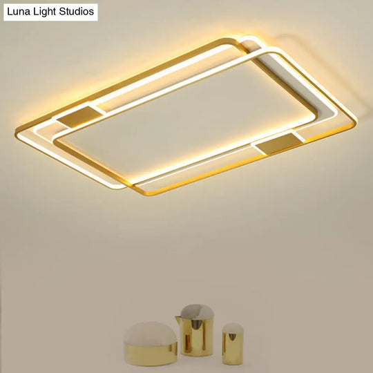 Minimalist Led Ceiling Lamp In Gold: Double Square/Rectangle Flush Mount | Warm & White Light Gold /