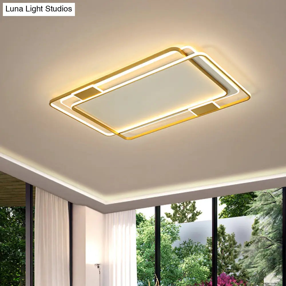 Minimalist Led Ceiling Lamp In Gold: Double Square/Rectangle Flush Mount | Warm & White Light